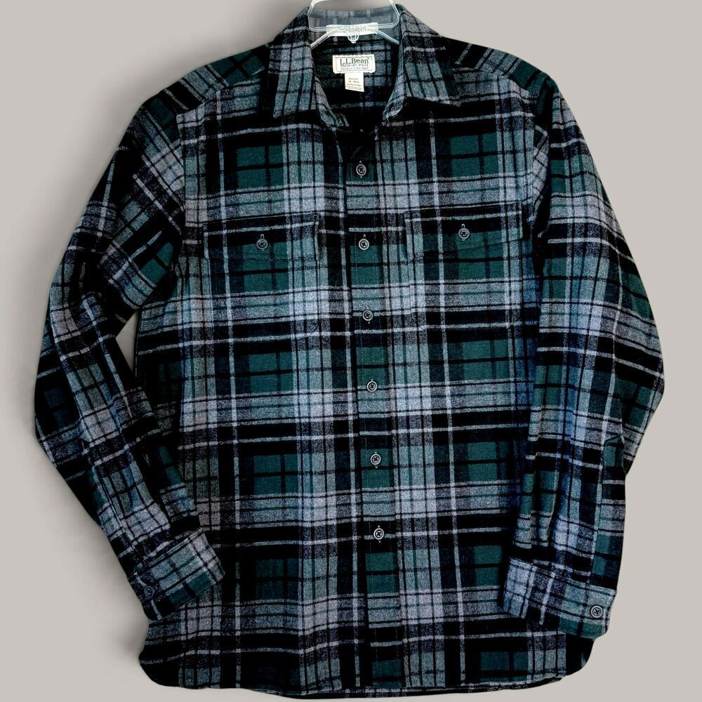 LL Bean Mens M Chamois Cloth Flannel Button Up Shirt Traditional Fit Plaid Green